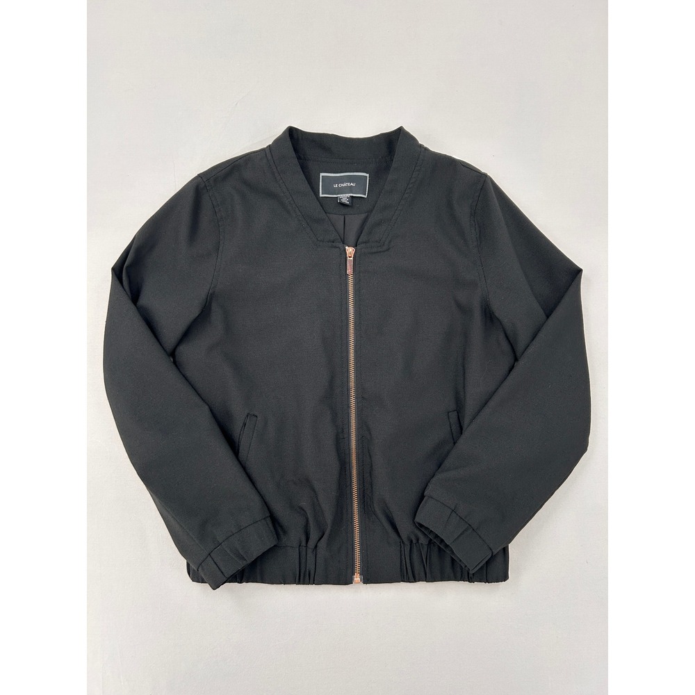 Le Chateau Womens Black Bomber Jacket Rose Gold Zip SZ XS